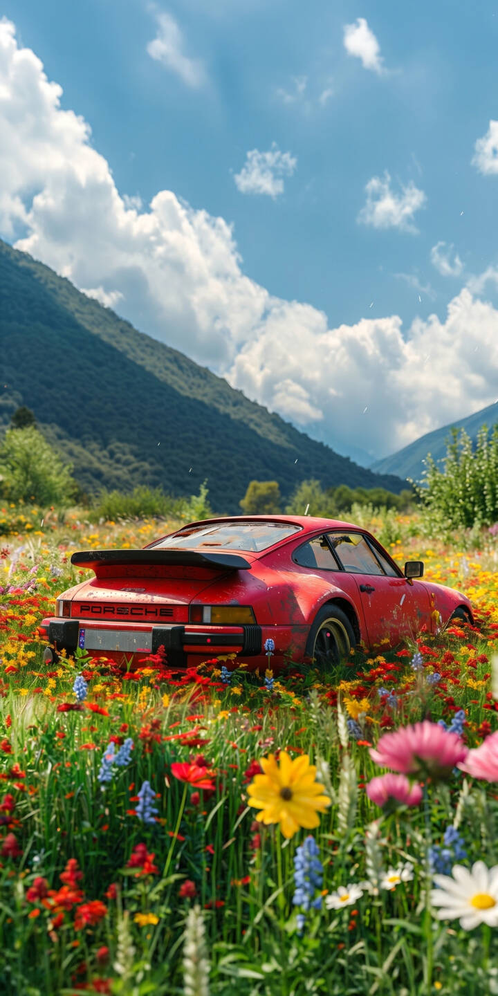 The vibrant red paint of a classic Porsche gleams amidst a sea of colorful wildflowers, stretching across a lush green meadow under a bright blue sky, making a breathtaking 4K wallpaper. This stunning landscape wallpaper, featuring distant mountains, is a perfect download for your iPhone. | landscape sports car iphone porsche nature wallpaper mobile 4k wallpaper hd wallpaper classic car vintage car wildflowers The vibrant red paint of a classic Porsche gleams amidst a sea of colorful wildflowers, stretching across a lush green meadow under a bright blue sky, making a breathtaking 4K wallpaper. This stunning landscape wallpaper, featuring distant mountains, is a perfect download for your iPhone.