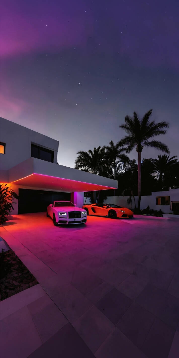 Pink and orange neon lights cast an opulent glow across a modern mansion's driveway, featuring a pristine Rolls-Royce and a sleek Lamborghini in this captivating 4K wallpaper — a must-have luxury car wallpaper for iPhone users. | aesthetic night iphone lamborghini rolls royce wallpaper neon lights mobile 4k wallpaper hd wallpaper luxury cars mansion Pink and orange neon lights cast an opulent glow across a modern mansion's driveway, featuring a pristine Rolls-Royce and a sleek Lamborghini in this captivating 4K wallpaper — a must-have luxury car wallpaper for iPhone users.