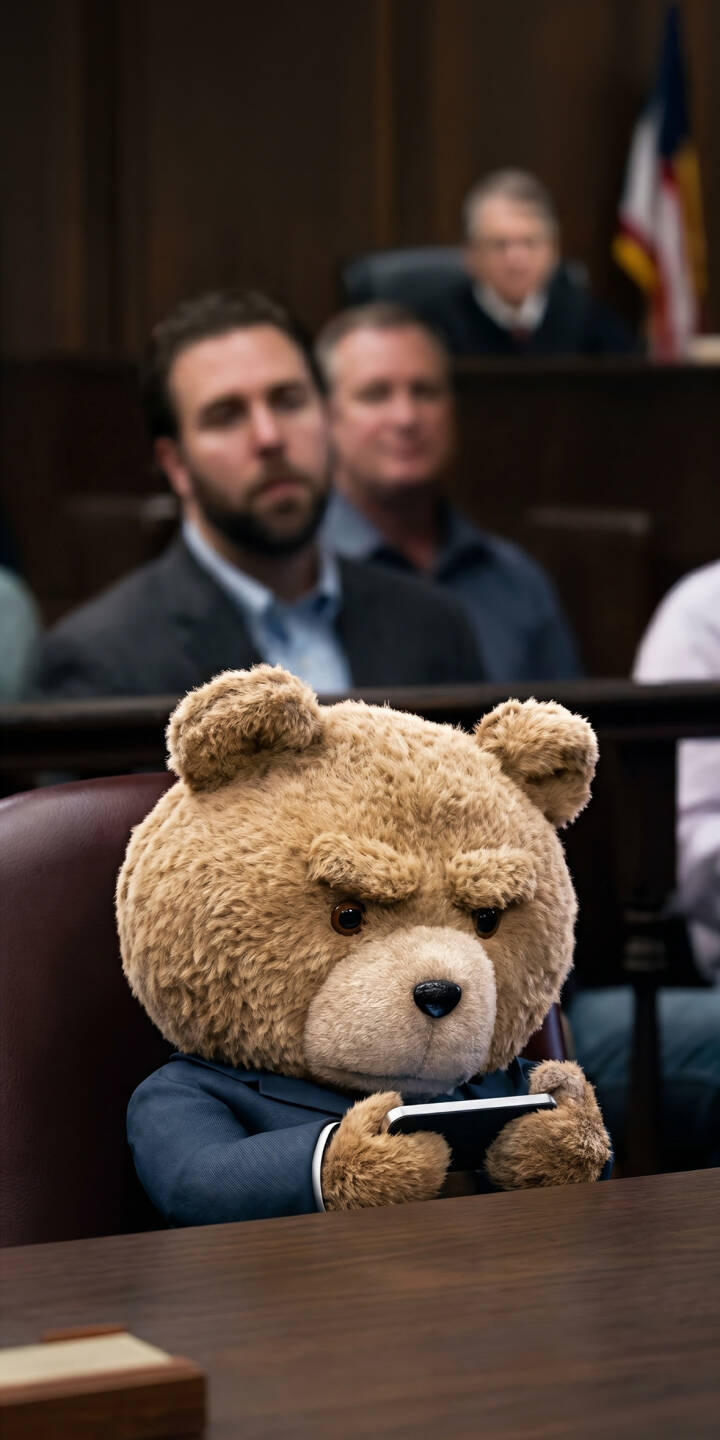 Ted, wearing a blue suit jacket, intensely plays on his phone at a brown wooden table, with blurred figures visible in the background of this courtroom 4K wallpaper â an amusing wallpaper for iPhone users. | funny movie suit iphone wallpaper courtroom mobile comedy 4k wallpaper hd wallpaper ted ted bear Ted, wearing a blue suit jacket, intensely plays on his phone at a brown wooden table, with blurred figures visible in the background of this courtroom 4K wallpaper â an amusing wallpaper for iPhone users.