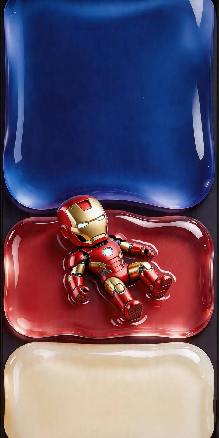 A charming chibi Iron Man figure is suspended in a vibrant red liquid, creating a captivating 4K wallpaper that features distinct blue and cream layers above and below – perfect for your iPhone's lock screen or home wallpaper. | superhero marvel cute jelly iphone iron man tony stark wallpaper chibi mobile 4k wallpaper hd wallpaper A charming chibi Iron Man figure is suspended in a vibrant red liquid, creating a captivating 4K wallpaper that features distinct blue and cream layers above and below – perfect for your iPhone's lock screen or home wallpaper.