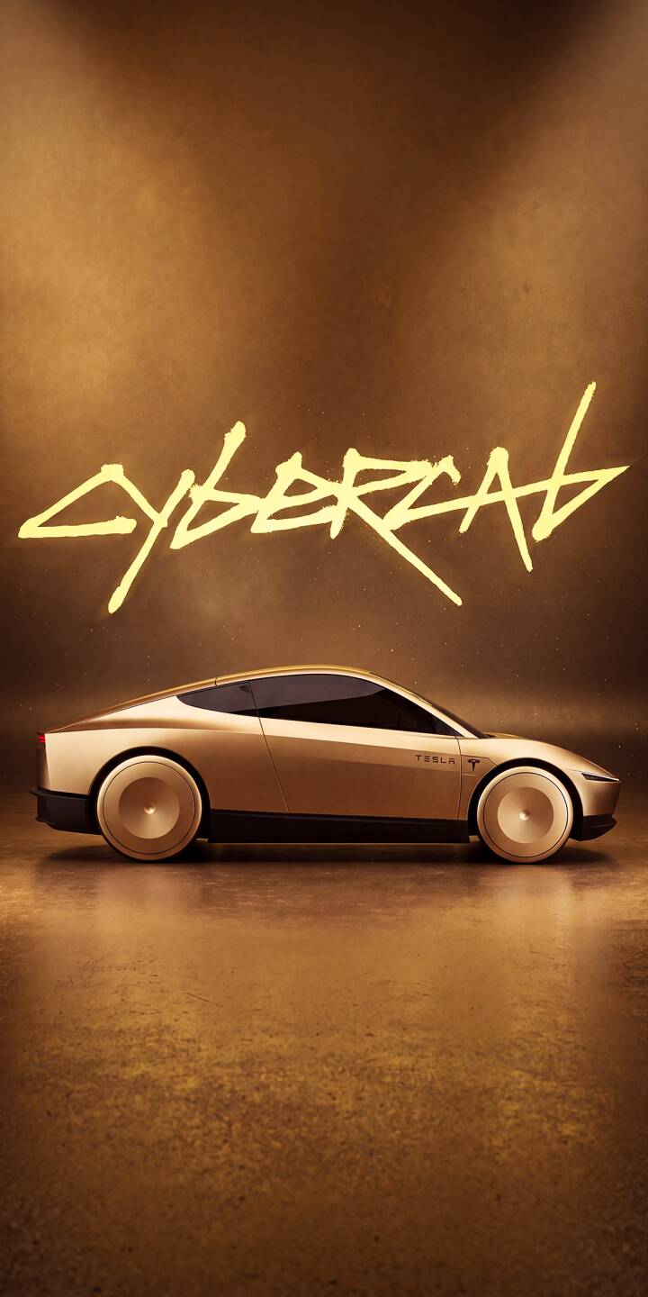 The sleek golden Tesla car with its distinctive full-disc wheels gleams under warm lighting, framed by the neon 'CYBERCAL' text, making for a luxurious 4K wallpaper. This stunning futuristic vehicle provides a unique wallpaper for iPhone users. | concept car iphone luxury wallpaper tesla sportscar futuristic golden mobile 4k wallpaper hd wallpaper cybercal The sleek golden Tesla car with its distinctive full-disc wheels gleams under warm lighting, framed by the neon 'CYBERCAL' text, making for a luxurious 4K wallpaper. This stunning futuristic vehicle provides a unique wallpaper for iPhone users.
