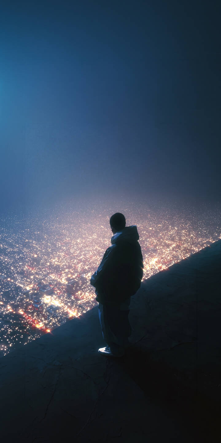 A lone figure gazes over a mesmerizing expanse of twinkling city lights, creating an awe-inspiring vista in this stunning 4K wallpaper — an ideal backdrop wallpaper for iPhone that captures a moment of quiet contemplation. | aesthetic city urban night skyline iphone wallpaper lights mobile 4k wallpaper hd wallpaper atmospheric A lone figure gazes over a mesmerizing expanse of twinkling city lights, creating an awe-inspiring vista in this stunning 4K wallpaper — an ideal backdrop wallpaper for iPhone that captures a moment of quiet contemplation.