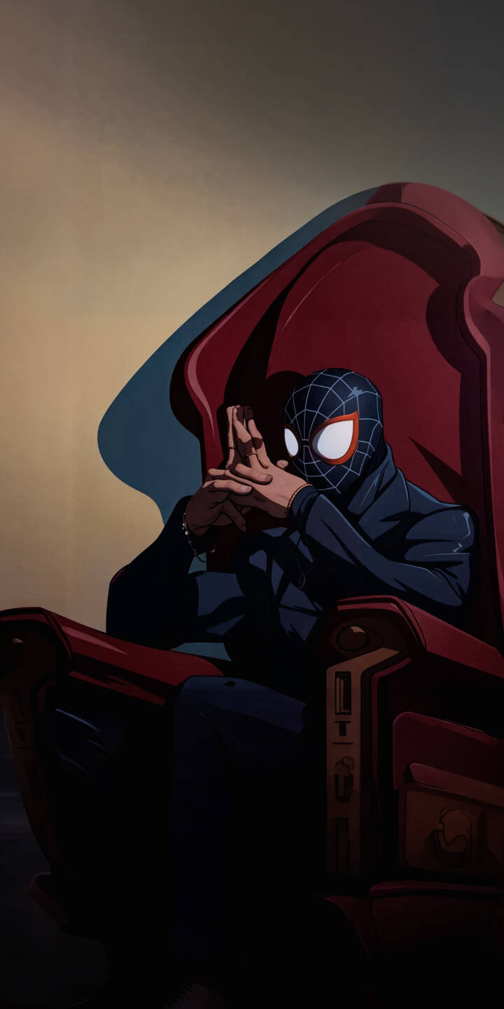 Sitting regally on a grand red throne, Miles Morales, wearing his iconic Spider-Man mask and a sharp suit, strikes a pensive pose with his hands clasped in this striking 4K wallpaper—a sophisticated wallpaper choice perfect for your iPhone screen. | suit throne iphone wallpaper miles morales mobile comic art spiderverse 4k wallpaper hd wallpaper spider-man pensive Sitting regally on a grand red throne, Miles Morales, wearing his iconic Spider-Man mask and a sharp suit, strikes a pensive pose with his hands clasped in this striking 4K wallpaper—a sophisticated wallpaper choice perfect for your iPhone screen.