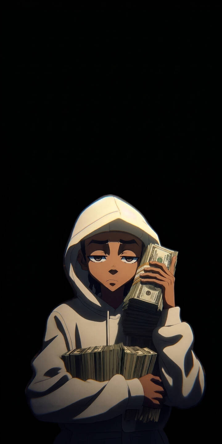 Stacks of US dollar bills are clutched by an animated character wearing a white hoodie, displaying a confident demeanor against a dark background in this striking 4K wallpaper. This visually rich wallpaper is a perfect aesthetic for any iPhone screen. | aesthetic hoodie anime money iphone rich wallpaper mobile 4k wallpaper hd wallpaper dollar bills boondocks Stacks of US dollar bills are clutched by an animated character wearing a white hoodie, displaying a confident demeanor against a dark background in this striking 4K wallpaper. This visually rich wallpaper is a perfect aesthetic for any iPhone screen.