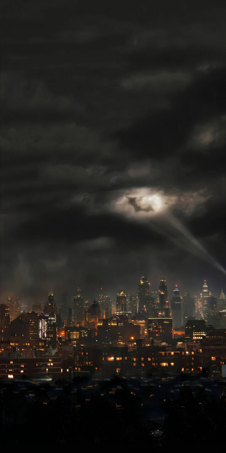 The iconic Bat-Signal pierces through a dark, cloudy night sky above a glowing city skyline, creating an atmospheric 4K wallpaper for your iPhone. This dramatic urban night wallpaper features distant city lights and heavy, ominous clouds. | city gotham iphone wallpaper mobile 4k wallpaper hd wallpaper dark aesthetic stormy sky urban fantasy bat-signal night cityscape The iconic Bat-Signal pierces through a dark, cloudy night sky above a glowing city skyline, creating an atmospheric 4K wallpaper for your iPhone. This dramatic urban night wallpaper features distant city lights and heavy, ominous clouds.