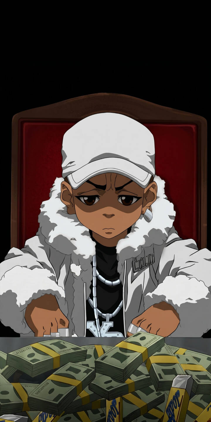 Huey Freeman's serious expression contrasts with the huge stacks of money piled before him in this crisp 4K wallpaper for iPhone, showcasing his distinctive white fur coat and cap in a powerful, wealth-themed wallpaper. | cartoon anime money iphone rich wallpaper mobile 4k wallpaper hd wallpaper fur coat the boondocks huey freeman Huey Freeman's serious expression contrasts with the huge stacks of money piled before him in this crisp 4K wallpaper for iPhone, showcasing his distinctive white fur coat and cap in a powerful, wealth-themed wallpaper.