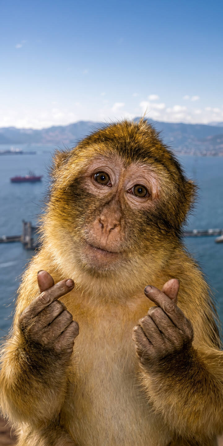 An adorable Barbary Macaque forms a charming finger heart gesture, its expressive eyes captivating against a backdrop of blue water and distant ships in this delightful 4K wallpaper â an ideal wallpaper for iPhone personalization. | animal cute iphone monkey wallpaper mobile 4k wallpaper hd wallpaper macaque finger heart gibraltar An adorable Barbary Macaque forms a charming finger heart gesture, its expressive eyes captivating against a backdrop of blue water and distant ships in this delightful 4K wallpaper â an ideal wallpaper for iPhone personalization.
