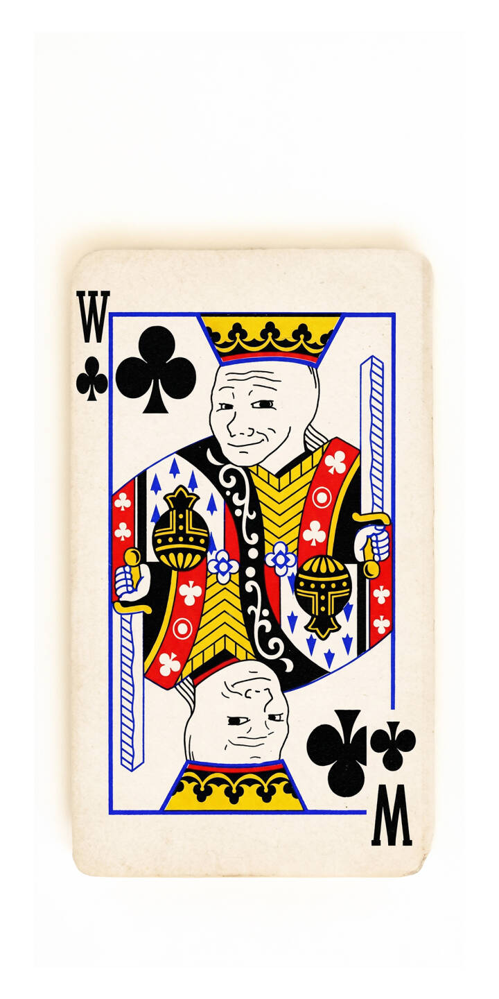 The iconic Wojak meme face, crowned and in regal attire, transforms a classic playing card into a hilarious 4K wallpaper. This unique king of clubs wallpaper is a perfect fit for any iPhone seeking a blend of internet culture and traditional design. | meme iphone wallpaper mobile 4k wallpaper hd wallpaper humor graphic art playing card wojak soyjak king of clubs The iconic Wojak meme face, crowned and in regal attire, transforms a classic playing card into a hilarious 4K wallpaper. This unique king of clubs wallpaper is a perfect fit for any iPhone seeking a blend of internet culture and traditional design.