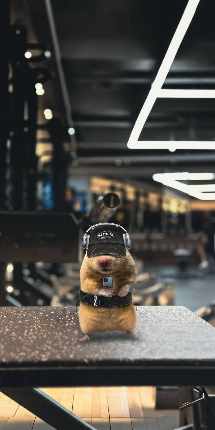 A tiny hamster strikes a hilarious selfie pose in a gym, sporting a baseball cap, headphones, and a weight belt, making for an incredibly charming 4K wallpaper. This unique mobile wallpaper for iPhone captures the determination (and cuteness!) of a miniature fitness enthusiast. | selfie iphone wallpaper mobile headphones hamster 4k wallpaper hd wallpaper funny animal workout cute hamster gym hamster A tiny hamster strikes a hilarious selfie pose in a gym, sporting a baseball cap, headphones, and a weight belt, making for an incredibly charming 4K wallpaper. This unique mobile wallpaper for iPhone captures the determination (and cuteness!) of a miniature fitness enthusiast.