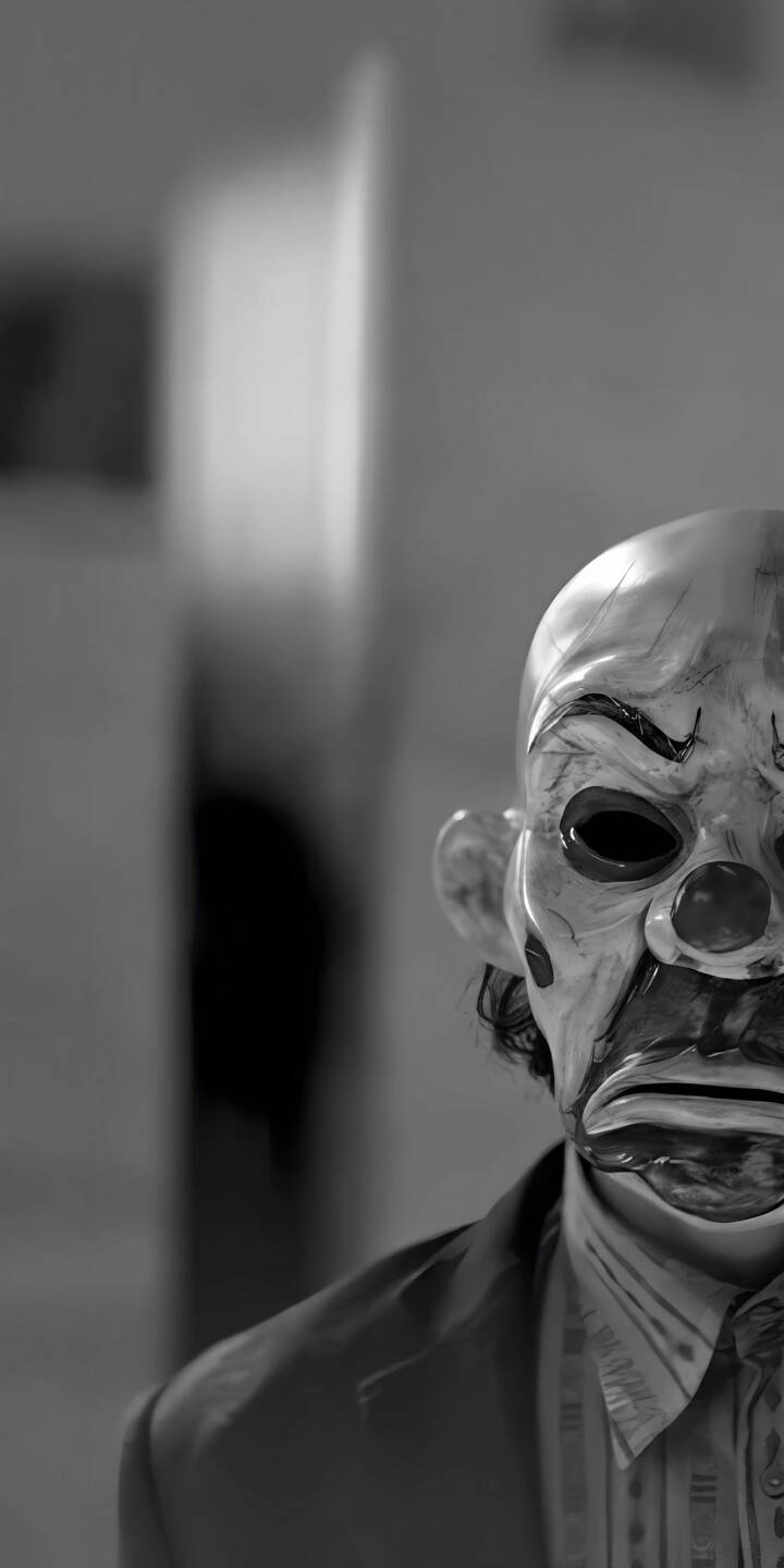 The chilling grayscale clown mask from The Dark Knight looms into view, revealing details of the suit and patterned shirt beneath in this intense 4K wallpaper — an ideal wallpaper for iPhone users seeking a unique villain aesthetic. | movie joker iphone villain wallpaper grayscale dark knight mobile 4k wallpaper hd wallpaper clown mask bank heist The chilling grayscale clown mask from The Dark Knight looms into view, revealing details of the suit and patterned shirt beneath in this intense 4K wallpaper — an ideal wallpaper for iPhone users seeking a unique villain aesthetic.