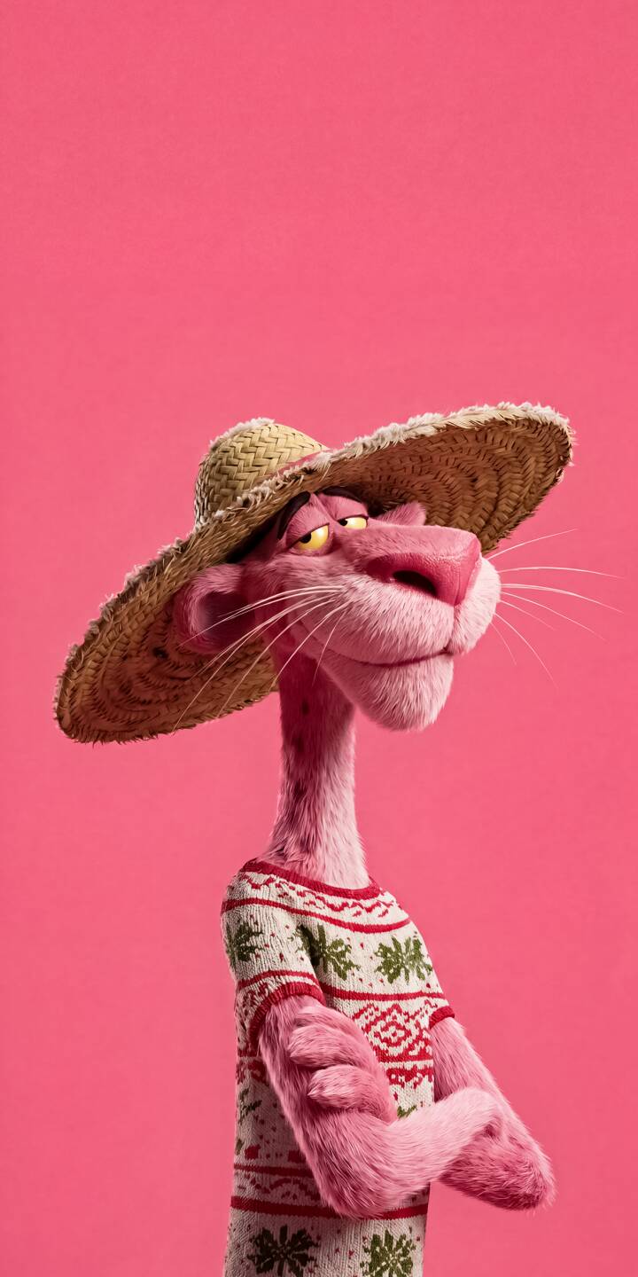 The iconic Pink Panther sports a whimsical holiday sweater and a straw hat, all against a vibrant pink backdrop in this charming 4K wallpaper. Download this delightful wallpaper for your iPhone to bring a touch of classic cool to your screen. | cartoon sweater iphone wallpaper holiday pink panther mobile 4k wallpaper hd wallpaper straw hat pink background The iconic Pink Panther sports a whimsical holiday sweater and a straw hat, all against a vibrant pink backdrop in this charming 4K wallpaper. Download this delightful wallpaper for your iPhone to bring a touch of classic cool to your screen.