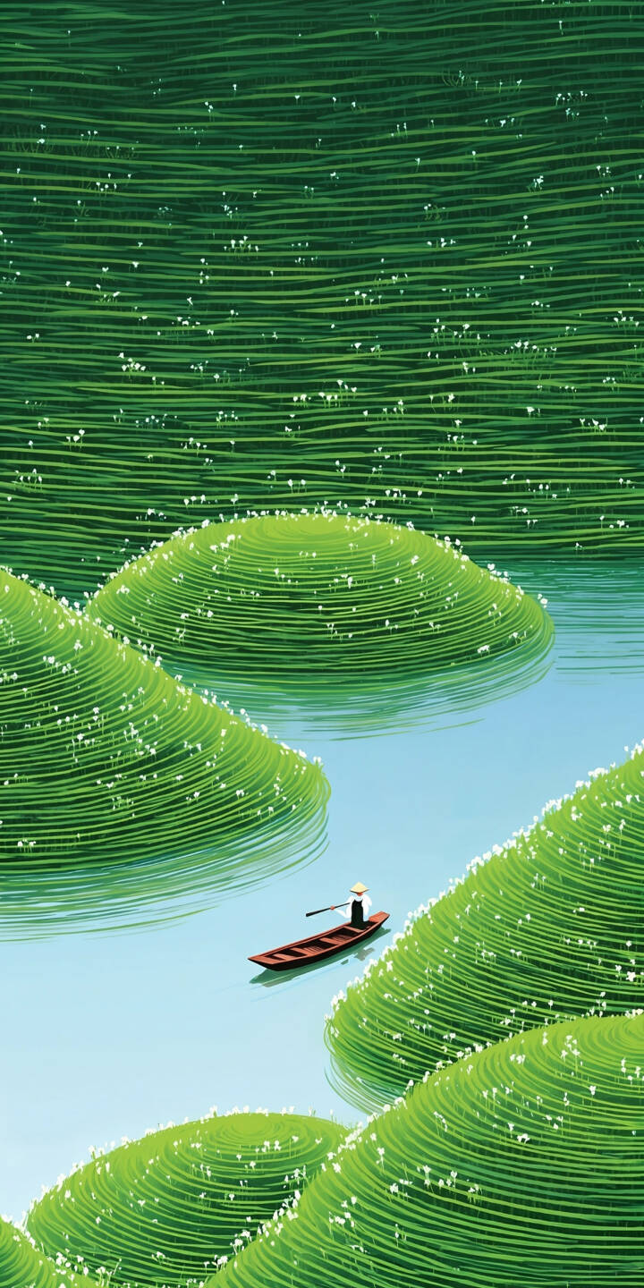 The mesmerizing wavy patterns of lush green hills, dotted with tiny white flowers, surround a solitary boat in this tranquil 4K wallpaper. This serene landscape is a perfect visual escape and an ideal wallpaper for your iPhone, bringing peace to your device. | illustration landscape boat iphone nature wallpaper mobile peaceful 4k wallpaper hd wallpaper serene green hills The mesmerizing wavy patterns of lush green hills, dotted with tiny white flowers, surround a solitary boat in this tranquil 4K wallpaper. This serene landscape is a perfect visual escape and an ideal wallpaper for your iPhone, bringing peace to your device.