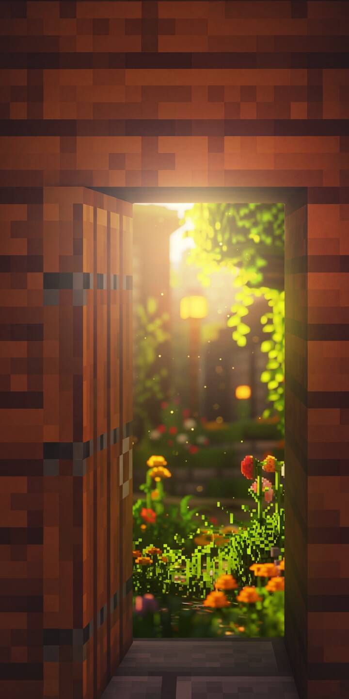 Golden sunlight streams through an ajar blocky wooden door, revealing a lush Minecraft garden bursting with vibrant orange and red flowers; this captivating 4K wallpaper offers a serene backdrop for your iPhone. | aesthetic minecraft iphone nature fantasy wallpaper mobile sunlight pixel art 4k wallpaper hd wallpaper minecraft garden Golden sunlight streams through an ajar blocky wooden door, revealing a lush Minecraft garden bursting with vibrant orange and red flowers; this captivating 4K wallpaper offers a serene backdrop for your iPhone.