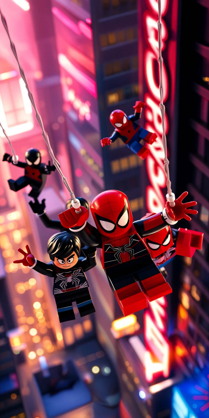 Vibrant neon lights illuminate a bustling cityscape as multiple Lego Spider-Men exuberantly swing through urban canyons in this incredible 4K wallpaper. This dynamic Lego Spider-Man wallpaper is perfect for personalizing your iPhone with heroic fun. | superhero lego marvel iphone wallpaper miles morales mobile digital art 4k wallpaper hd wallpaper neon city spider-man Vibrant neon lights illuminate a bustling cityscape as multiple Lego Spider-Men exuberantly swing through urban canyons in this incredible 4K wallpaper. This dynamic Lego Spider-Man wallpaper is perfect for personalizing your iPhone with heroic fun.