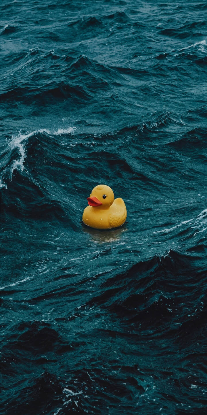 A bright yellow rubber duck floats serenely amidst dark, choppy ocean waves in this captivating 4K wallpaper — a truly unique and calming wallpaper perfect for your iPhone, showcasing vivid contrast and peaceful solitude. | aesthetic iphone ocean duck minimal waves wallpaper mobile rubber duck 4k wallpaper hd wallpaper serene A bright yellow rubber duck floats serenely amidst dark, choppy ocean waves in this captivating 4K wallpaper — a truly unique and calming wallpaper perfect for your iPhone, showcasing vivid contrast and peaceful solitude.