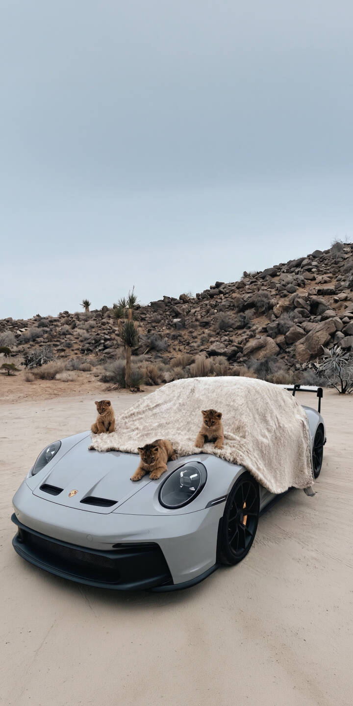 Three adorable lion cubs lounge on a cream-colored blanket spread over a sleek grey Porsche 911 GT3 in this captivating 4K wallpaper, making it a unique iPhone wallpaper perfect for car and animal lovers. | sports car desert iphone porsche luxury wallpaper mobile porsche 911 4k wallpaper hd wallpaper cute animals lion cubs Three adorable lion cubs lounge on a cream-colored blanket spread over a sleek grey Porsche 911 GT3 in this captivating 4K wallpaper, making it a unique iPhone wallpaper perfect for car and animal lovers.