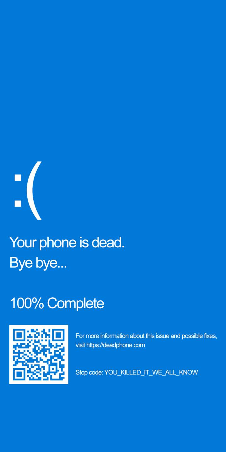 The iconic sad face emoji and "Your phone is dead." message deliver a humorous system crash on this vibrant blue 4K wallpaper. This unique wallpaper for iPhone includes a QR code and a funny "YOU_KILLED_IT_WE_ALL_KNOW" stop code. | funny iphone minimalist wallpaper mobile sad face 4k wallpaper hd wallpaper dead phone bsod blue screen of death error screen The iconic sad face emoji and "Your phone is dead." message deliver a humorous system crash on this vibrant blue 4K wallpaper. This unique wallpaper for iPhone includes a QR code and a funny "YOU_KILLED_IT_WE_ALL_KNOW" stop code.