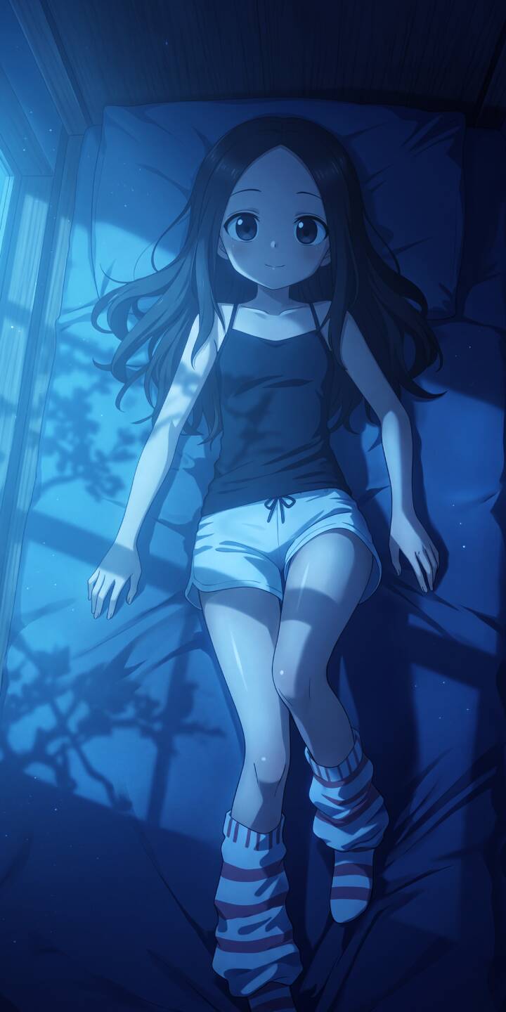 Soft blue moonlight streams through a window, bathing Takagi-san in a serene glow as she rests peacefully in this beautiful 4K wallpaper. This cozy scene, highlighting her distinctive striped socks and calm expression, makes for a perfect aesthetic wallpaper for iPhone. | aesthetic moonlight bedroom iphone wallpaper anime girl mobile 4k wallpaper hd wallpaper takagi-san karakai jouzu no takagi-san Soft blue moonlight streams through a window, bathing Takagi-san in a serene glow as she rests peacefully in this beautiful 4K wallpaper. This cozy scene, highlighting her distinctive striped socks and calm expression, makes for a perfect aesthetic wallpaper for iPhone.