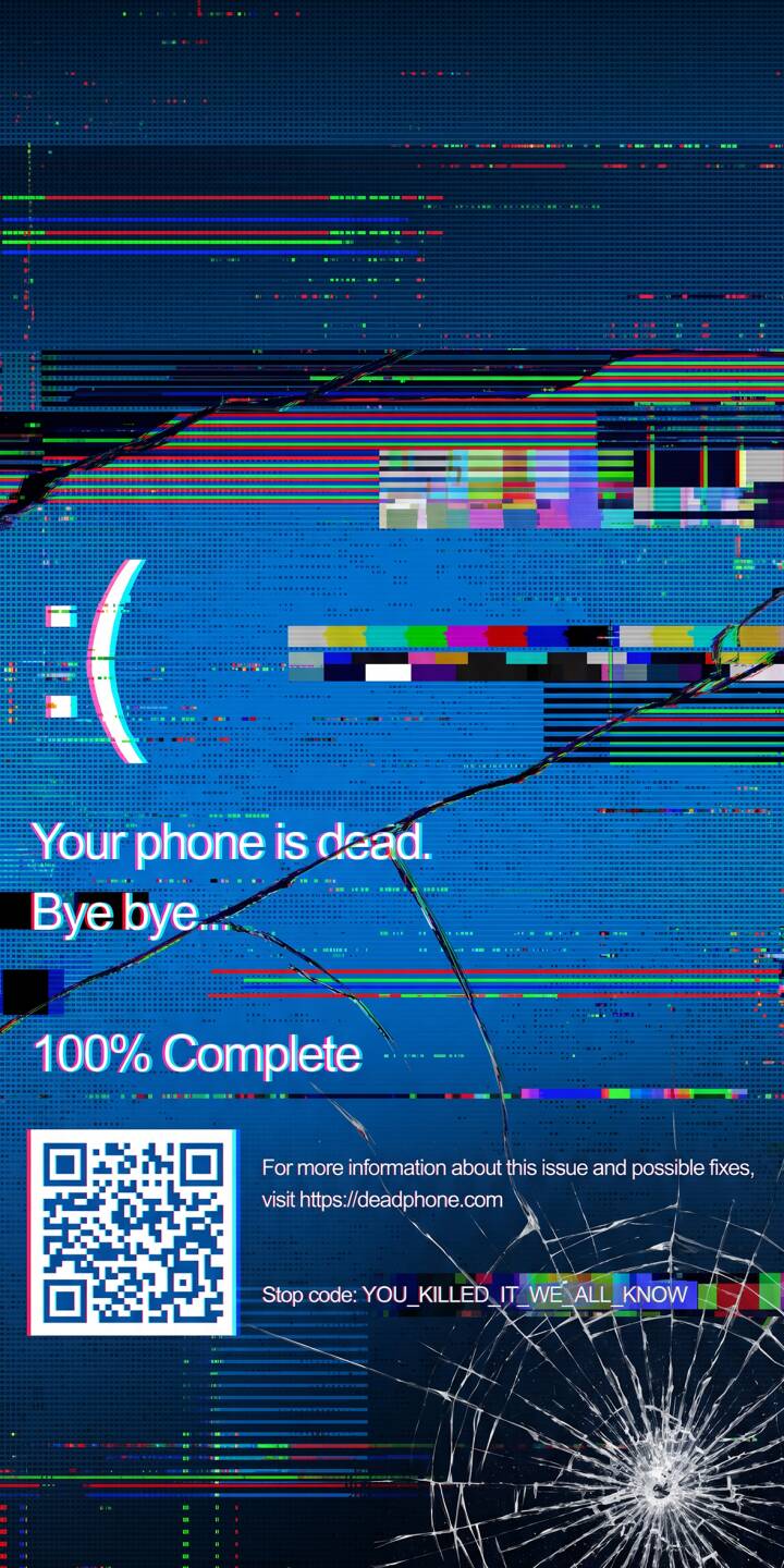 A digital blue screen of death, complete with a :( emoticon and 'Your phone is dead. Bye bye...' message, is overlain with vivid glitch artifacts and a realistic cracked screen effect in this captivating 4K wallpaper. This unique visual is an edgy wallpaper for iPhone users who appreciate tech-horror aesthetics. | aesthetic iphone wallpaper system error mobile sad face 4k wallpaper hd wallpaper cracked screen glitch art dead phone blue screen A digital blue screen of death, complete with a :( emoticon and 'Your phone is dead. Bye bye...' message, is overlain with vivid glitch artifacts and a realistic cracked screen effect in this captivating 4K wallpaper. This unique visual is an edgy wallpaper for iPhone users who appreciate tech-horror aesthetics.