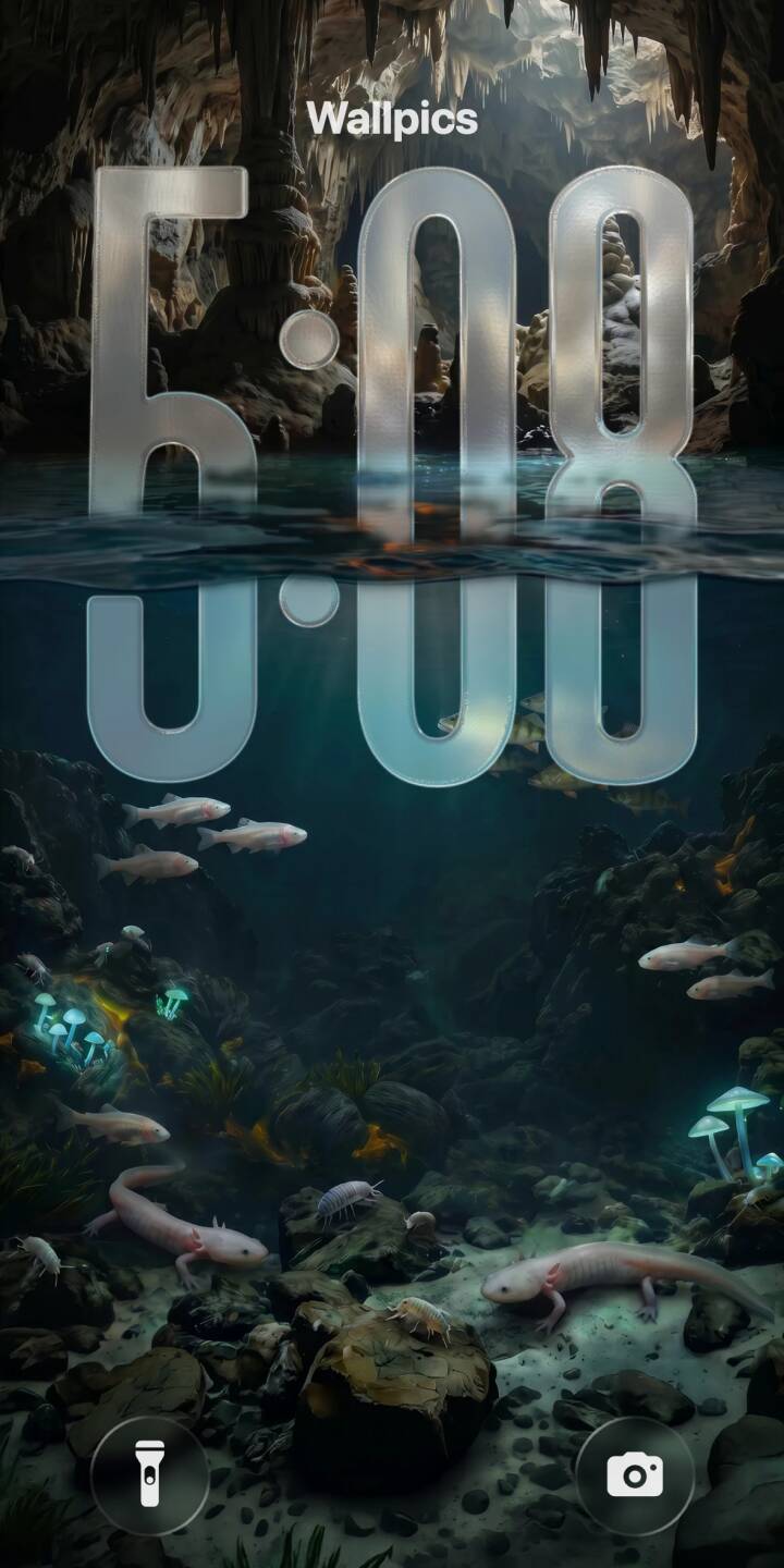 Sunlight pierces through the mysterious underground lake, illuminating ancient stalactites above water and revealing a vibrant ecosystem below, featuring graceful axolotls and glowing bioluminescent mushrooms in this stunning 4K wallpaper — a truly unique wallpaper for your iPhone. | underwater cave iphone nature fantasy wallpaper mobile 4k wallpaper hd wallpaper axolotl glowing mushrooms ecosystem Sunlight pierces through the mysterious underground lake, illuminating ancient stalactites above water and revealing a vibrant ecosystem below, featuring graceful axolotls and glowing bioluminescent mushrooms in this stunning 4K wallpaper — a truly unique wallpaper for your iPhone.