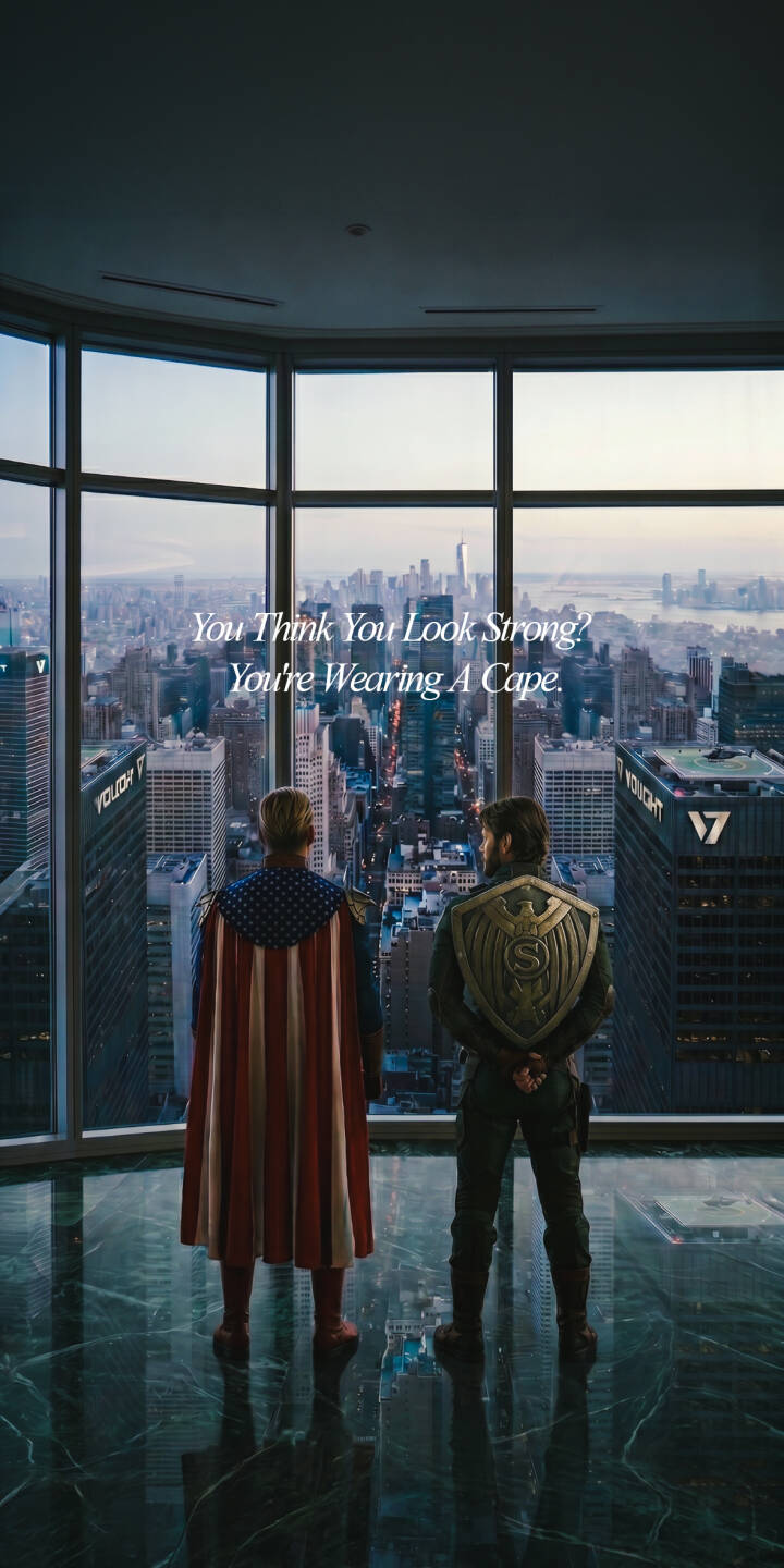 The iconic quote 'You Think You Look Strong? You're Wearing A Cape' overlays Homelander and Soldier Boy as they gaze upon a sprawling city skyline in this dramatic 4K wallpaper. This stunning high-rise view makes for a powerful wallpaper for iPhone users who are fans of The Boys series. | the boys city skyline superhero homelander soldier boy iphone wallpaper tv series mobile 4k wallpaper hd wallpaper dramatic The iconic quote 'You Think You Look Strong? You're Wearing A Cape' overlays Homelander and Soldier Boy as they gaze upon a sprawling city skyline in this dramatic 4K wallpaper. This stunning high-rise view makes for a powerful wallpaper for iPhone users who are fans of The Boys series.