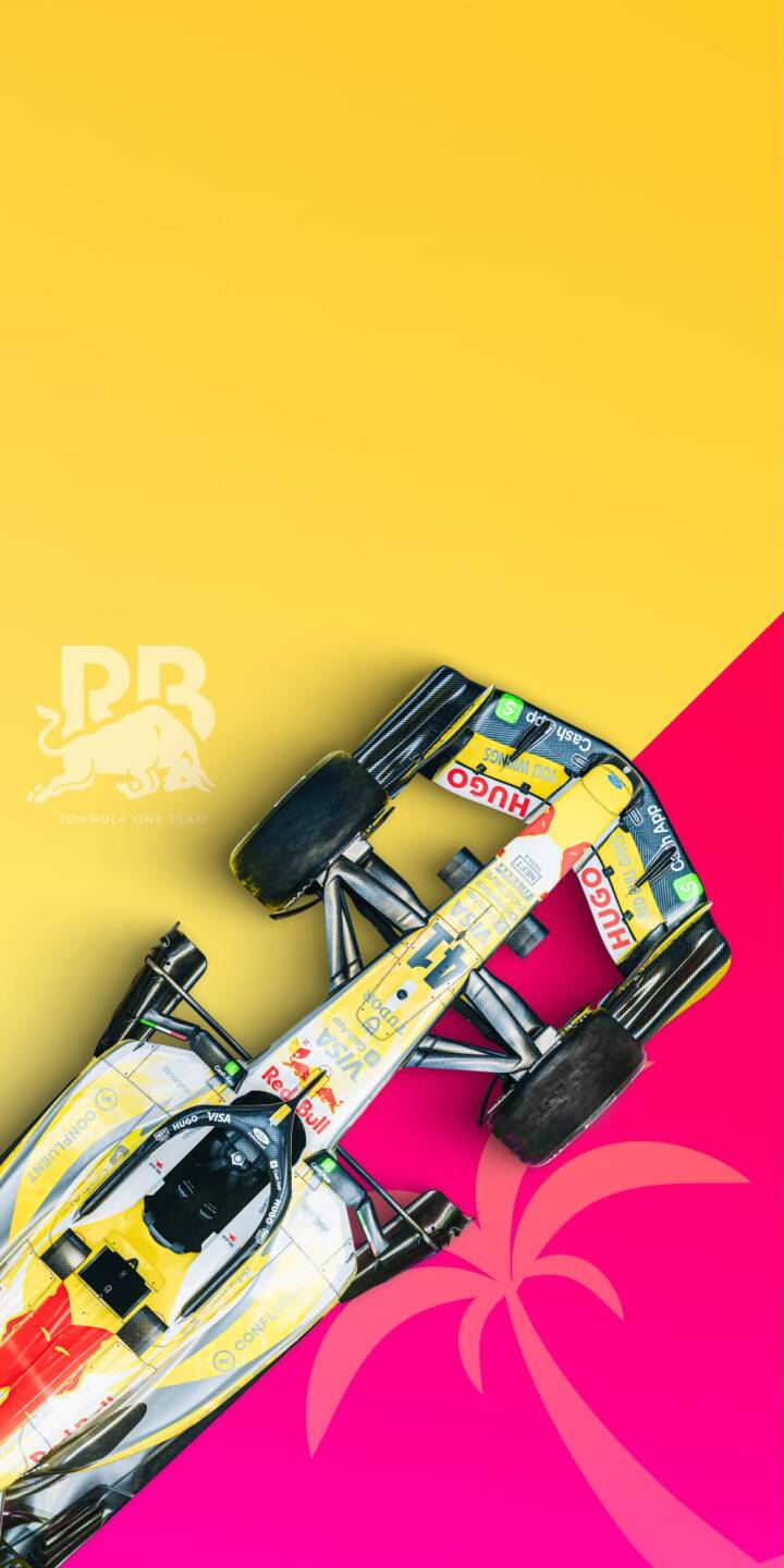 The Red Bull F1 car pops with a vibrant yellow and white livery against a dynamic split background of sunny yellow and hot pink in this eye-catching 4K wallpaper. This stunning F1 wallpaper, complete with a subtle palm tree graphic, is perfect for any iPhone. | aesthetic iphone wallpaper f1 vibrant mobile 4k wallpaper hd wallpaper motorsports red bull racing yellow pink The Red Bull F1 car pops with a vibrant yellow and white livery against a dynamic split background of sunny yellow and hot pink in this eye-catching 4K wallpaper. This stunning F1 wallpaper, complete with a subtle palm tree graphic, is perfect for any iPhone.