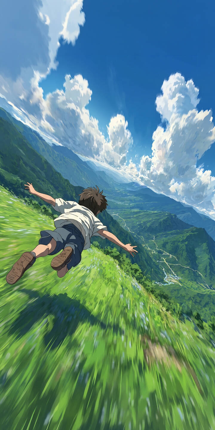 With arms outstretched, a young boy joyfully floats down a vibrant green hillside under an expansive blue sky, capturing an exhilarating sense of freedom in this beautiful 4K wallpaper. This stunning animated scene makes for a breathtaking wallpaper for your iPhone. | landscape boy anime iphone nature wallpaper blue sky mobile anime boy 4k wallpaper hd wallpaper green hill With arms outstretched, a young boy joyfully floats down a vibrant green hillside under an expansive blue sky, capturing an exhilarating sense of freedom in this beautiful 4K wallpaper. This stunning animated scene makes for a breathtaking wallpaper for your iPhone.