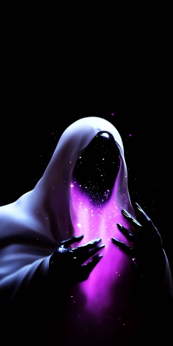 A striking purple cosmic glow emanates from within a mysterious, hooded figure, whose face and hands are cloaked in shadow, offering a surreal 4K wallpaper for your iPhone. This captivating wallpaper features a dark, ethereal aesthetic, perfect for a unique mobile background. | space iphone abstract wallpaper mobile 4k wallpaper hd wallpaper hooded figure purple glow ethereal dark art cosmic A striking purple cosmic glow emanates from within a mysterious, hooded figure, whose face and hands are cloaked in shadow, offering a surreal 4K wallpaper for your iPhone. This captivating wallpaper features a dark, ethereal aesthetic, perfect for a unique mobile background.