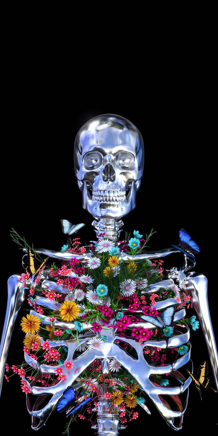 A striking chrome skeleton glistens against a dark background, its ribcage overflowing with vibrant flowers and delicate butterflies in this beautiful 4K wallpaper. This captivating, nature-infused skeleton wallpaper makes a unique and aesthetic choice for your iPhone. | aesthetic flowers skeleton iphone wallpaper mobile digital art butterflies 4k wallpaper hd wallpaper dark art chrome skeleton A striking chrome skeleton glistens against a dark background, its ribcage overflowing with vibrant flowers and delicate butterflies in this beautiful 4K wallpaper. This captivating, nature-infused skeleton wallpaper makes a unique and aesthetic choice for your iPhone.