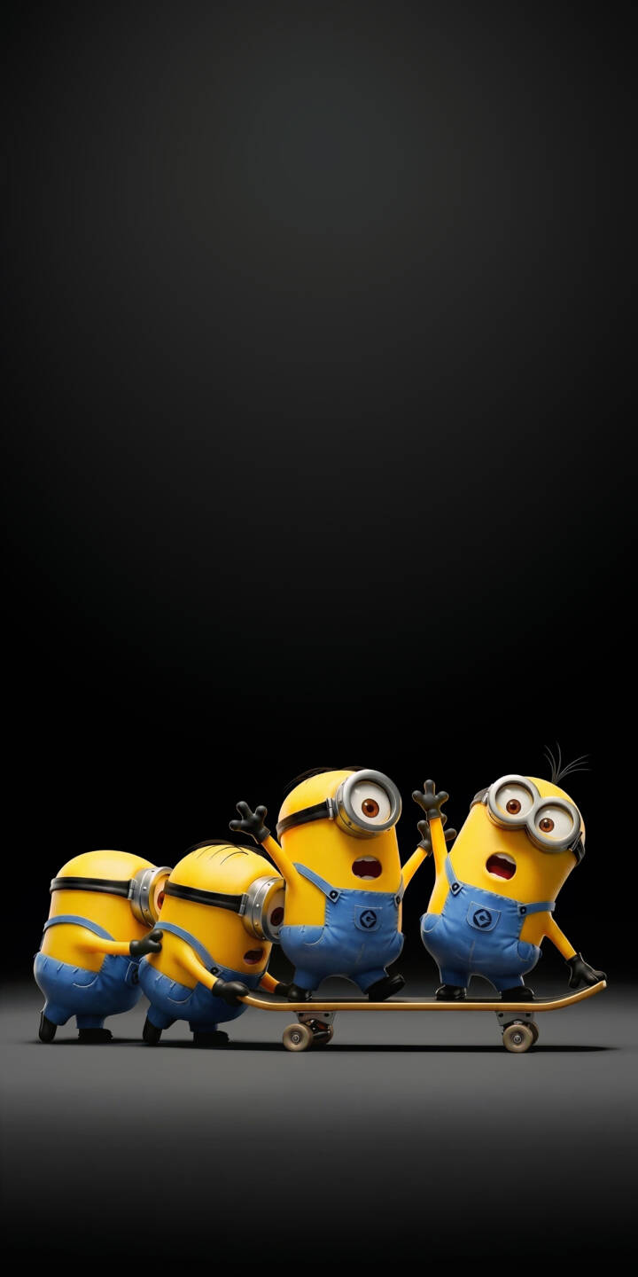 Four yellow Minions, wide-eyed and full of surprise, playfully pile onto a single skateboard against a simple dark background, forming a wonderfully chaotic 4K wallpaper. This dynamic scene makes for an amusing iPhone wallpaper perfect for fans of these mischievous characters. | cartoon funny minions despicable me animated iphone wallpaper skateboard mobile 4k wallpaper hd wallpaper playful Four yellow Minions, wide-eyed and full of surprise, playfully pile onto a single skateboard against a simple dark background, forming a wonderfully chaotic 4K wallpaper. This dynamic scene makes for an amusing iPhone wallpaper perfect for fans of these mischievous characters.