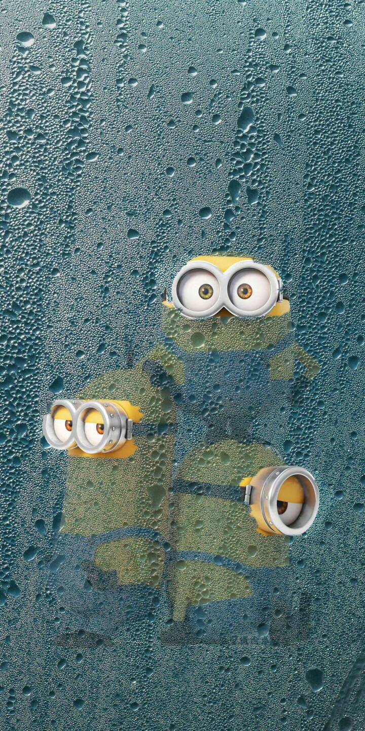 Charming Minions peek from behind a window covered in realistic water droplets, their iconic goggles slightly blurred, creating a playful effect in this 4K wallpaper. This delightful scene makes for a unique wallpaper for iPhone users. | cartoon rainy minions despicable me cute iphone wallpaper mobile 4k wallpaper hd wallpaper water drops Charming Minions peek from behind a window covered in realistic water droplets, their iconic goggles slightly blurred, creating a playful effect in this 4K wallpaper. This delightful scene makes for a unique wallpaper for iPhone users.