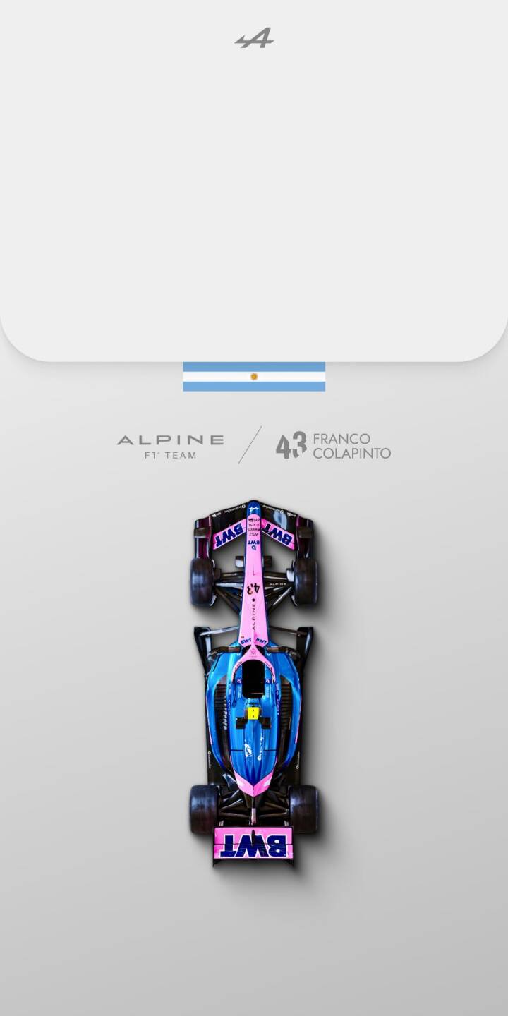 The striking pink and blue livery of Franco Colapinto's Alpine F1 car is captured in a pristine overhead view for this stunning 4K wallpaper. This dynamic wallpaper, featuring the Argentine flag and driver #43, makes an exciting background for any iPhone. | iphone motorsport wallpaper racing formula 1 mobile f1 car 4k wallpaper hd wallpaper alpine f1 pink blue franco colapinto The striking pink and blue livery of Franco Colapinto's Alpine F1 car is captured in a pristine overhead view for this stunning 4K wallpaper. This dynamic wallpaper, featuring the Argentine flag and driver #43, makes an exciting background for any iPhone.