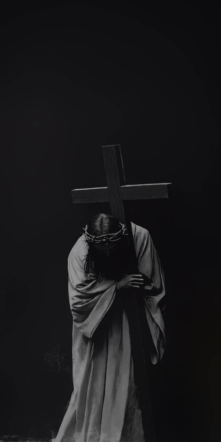 A solemn Jesus with a crown of thorns bears the heavy wooden cross, creating a powerful spiritual scene in this stunning 4K black and white wallpaper - an evocative wallpaper perfect for your iPhone. | cross iphone wallpaper black and white christian jesus spiritual mobile 4k wallpaper hd wallpaper christ crown of thorns A solemn Jesus with a crown of thorns bears the heavy wooden cross, creating a powerful spiritual scene in this stunning 4K black and white wallpaper - an evocative wallpaper perfect for your iPhone.