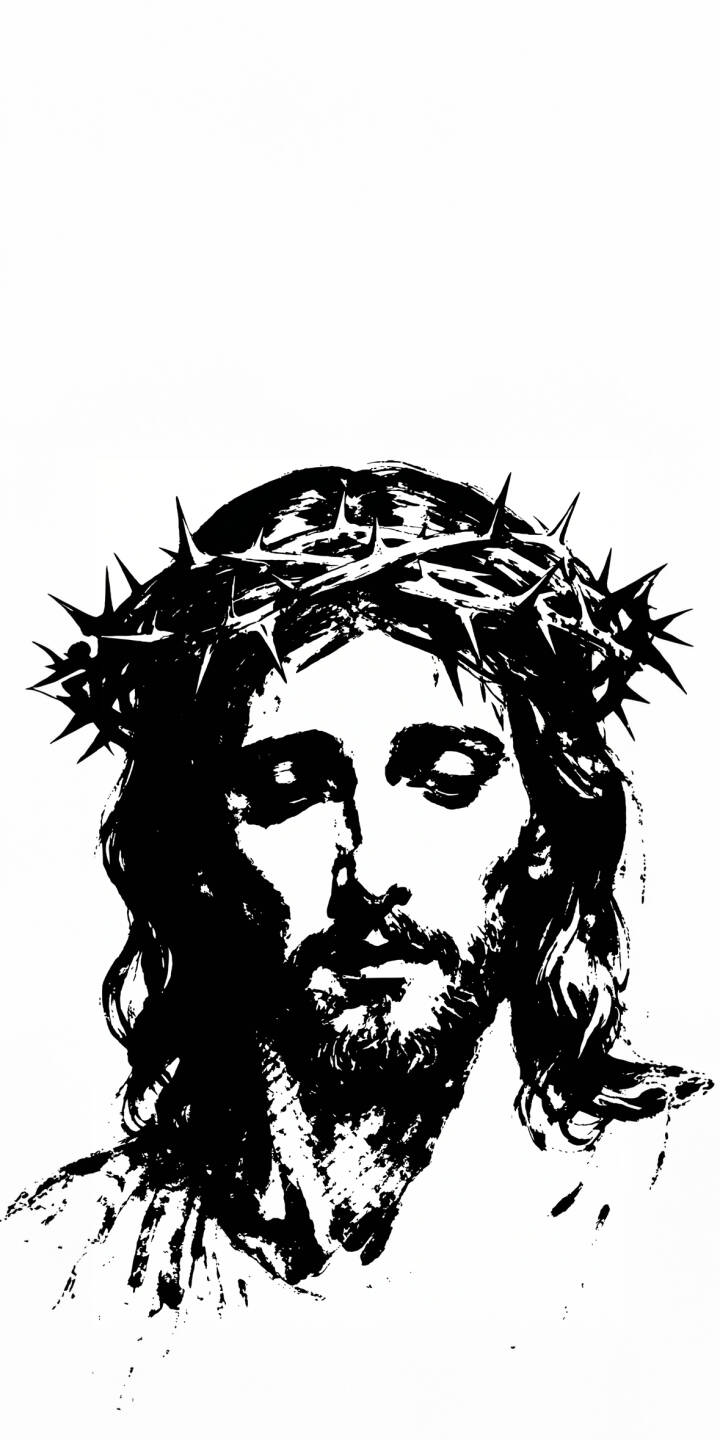 The powerful contrast of stark black brushstrokes against a pure white background depicts Jesus Christ with an intricately detailed crown of thorns in this striking 4K wallpaper. This iconic, expressive art style makes for a poignant and memorable iPhone wallpaper, perfect for spiritual reflection and a compelling visual statement. | religious iphone minimalist wallpaper black and white jesus spiritual mobile jesus christ 4k wallpaper hd wallpaper crown of thorns The powerful contrast of stark black brushstrokes against a pure white background depicts Jesus Christ with an intricately detailed crown of thorns in this striking 4K wallpaper. This iconic, expressive art style makes for a poignant and memorable iPhone wallpaper, perfect for spiritual reflection and a compelling visual statement.