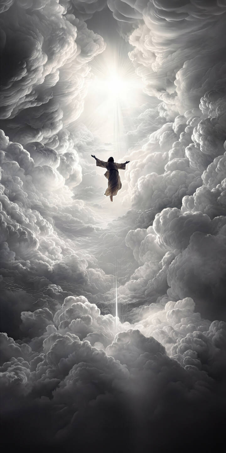 A serene figure ascends towards a brilliant light amidst dramatic, monochromatic swirling clouds in this awe-inspiring 4K wallpaper, making it a powerful wallpaper for iPhone. | iphone clouds wallpaper jesus spiritual mobile 4k wallpaper hd wallpaper heavenly monochrome ascension A serene figure ascends towards a brilliant light amidst dramatic, monochromatic swirling clouds in this awe-inspiring 4K wallpaper, making it a powerful wallpaper for iPhone.