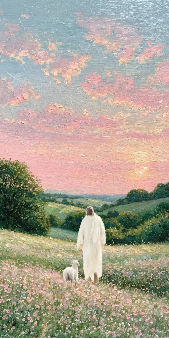 Soft pink and orange clouds grace the sky as Jesus, in a flowing white robe, gently walks through a field of delicate flowers with a loyal lamb by his side in this spiritual 4K wallpaper. This serene scene, rich with verdant hills, makes a comforting wallpaper for iPhone. | sunset lamb religious iphone wallpaper jesus spiritual mobile peaceful 4k wallpaper hd wallpaper christ Soft pink and orange clouds grace the sky as Jesus, in a flowing white robe, gently walks through a field of delicate flowers with a loyal lamb by his side in this spiritual 4K wallpaper. This serene scene, rich with verdant hills, makes a comforting wallpaper for iPhone.
