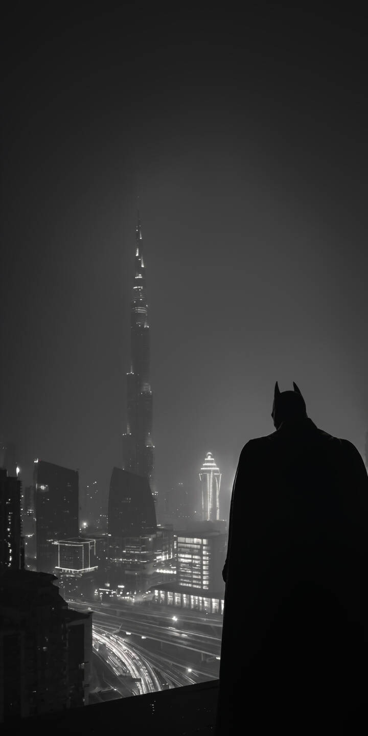 The iconic silhouette of Batman stands vigil over a sprawling city, dominated by the towering, mist-shrouded Burj Khalifa in this atmospheric 4K wallpaper. This dark and majestic monochrome wallpaper is perfect for any iPhone, capturing the essence of the Caped Crusader's watchful presence. | night batman iphone wallpaper dark knight mobile 4k wallpaper hd wallpaper monochrome cityscape dc comics burj khalifa The iconic silhouette of Batman stands vigil over a sprawling city, dominated by the towering, mist-shrouded Burj Khalifa in this atmospheric 4K wallpaper. This dark and majestic monochrome wallpaper is perfect for any iPhone, capturing the essence of the Caped Crusader's watchful presence.