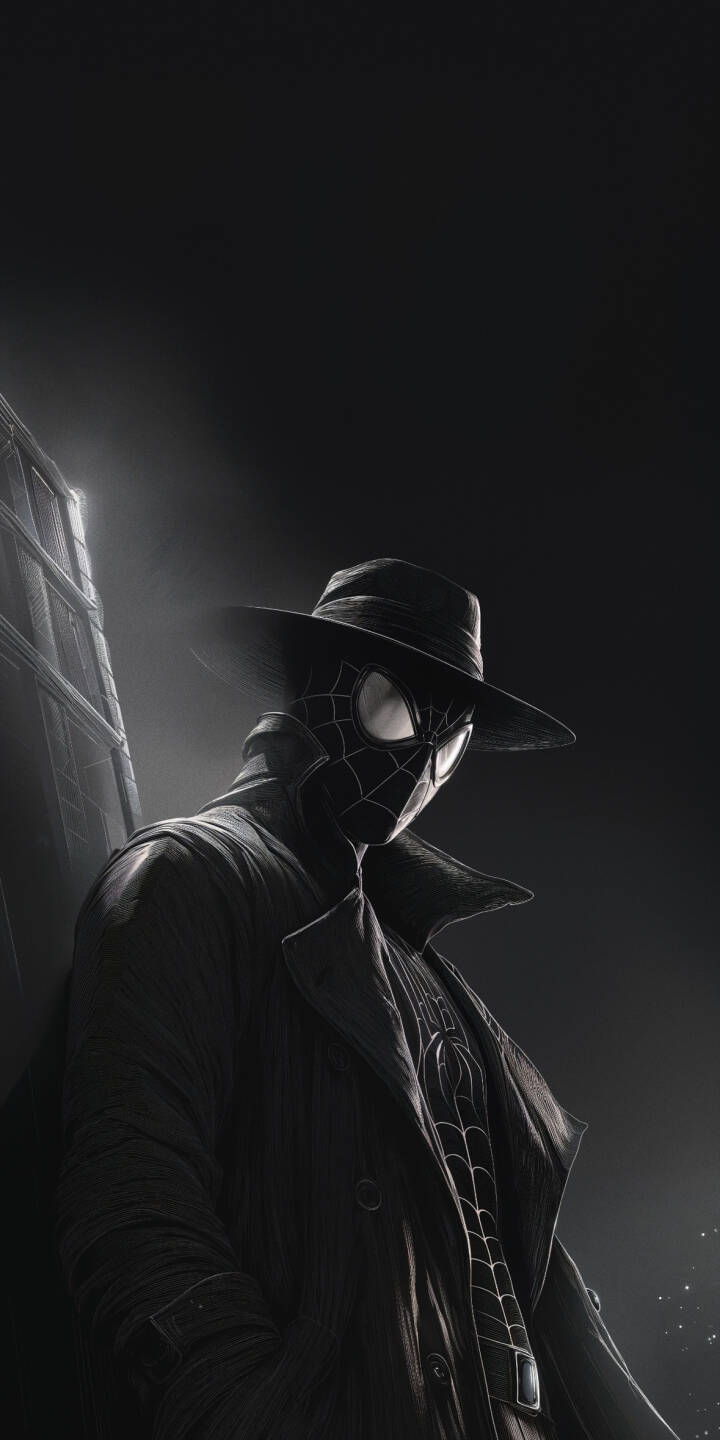 The silhouette of Spider-Man Noir, cloaked in a dark trench coat and fedora, emerges from the shadows in this compelling 4K wallpaper, making it an ideal wallpaper for your iPhone. The subtle spider emblem adds a touch of mystery to this enigmatic figure. | trench coat iphone wallpaper spiderman noir mobile noir comic art 4k wallpaper hd wallpaper dark aesthetic fedora spider-man noir The silhouette of Spider-Man Noir, cloaked in a dark trench coat and fedora, emerges from the shadows in this compelling 4K wallpaper, making it an ideal wallpaper for your iPhone. The subtle spider emblem adds a touch of mystery to this enigmatic figure.