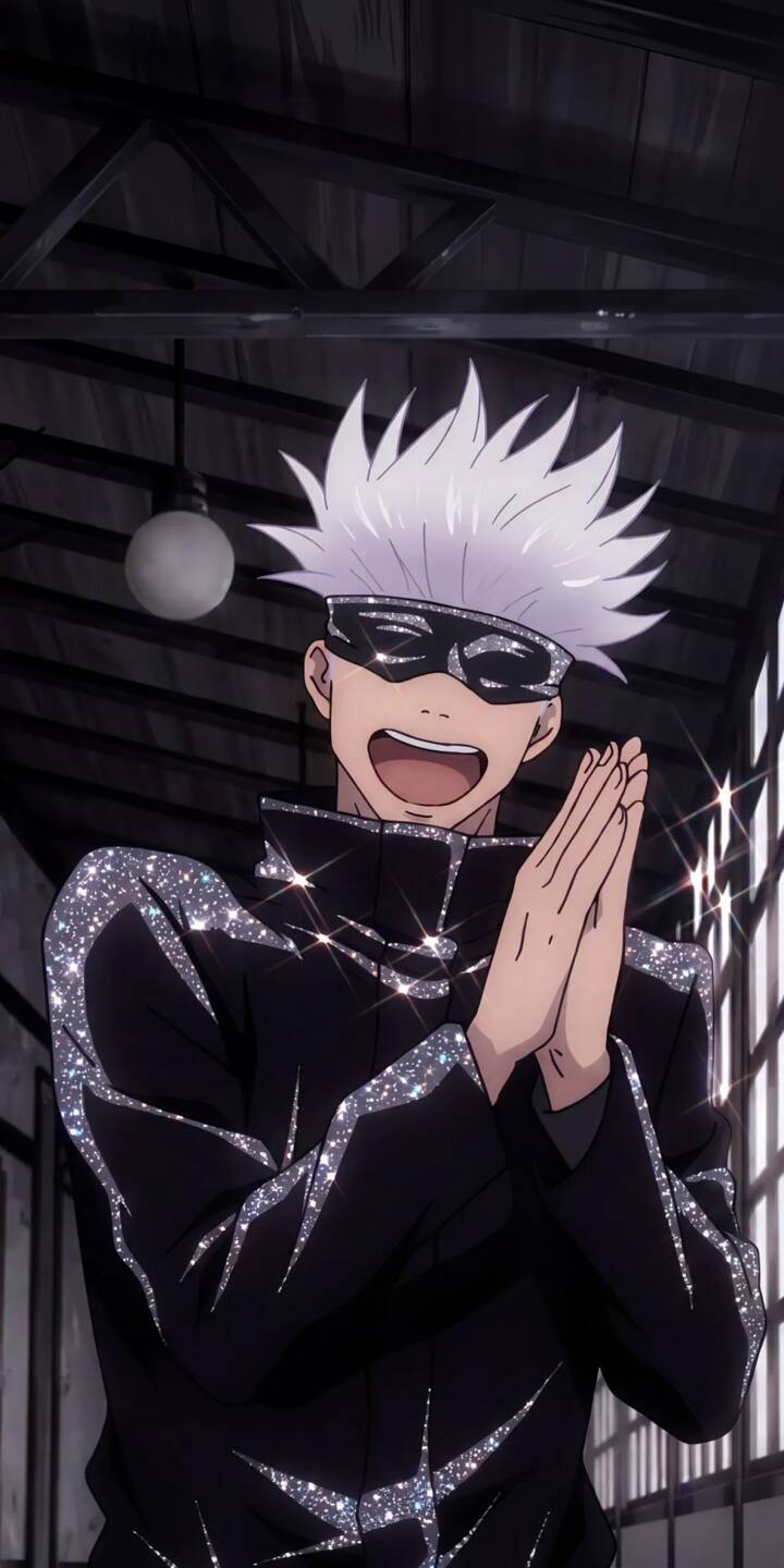 Dazzling silver glitter shimmers across Satoru Gojo's iconic blindfold and jacket lines as he claps cheerfully, a bright smile on his face in this vibrant 4K wallpaper; it's a perfect anime wallpaper for your iPhone, showcasing his distinctive style. | aesthetic anime iphone wallpaper gojo mobile 4k wallpaper hd wallpaper glitter jujutsu kaisen satoru gojo sparkle pfp Dazzling silver glitter shimmers across Satoru Gojo's iconic blindfold and jacket lines as he claps cheerfully, a bright smile on his face in this vibrant 4K wallpaper; it's a perfect anime wallpaper for your iPhone, showcasing his distinctive style.