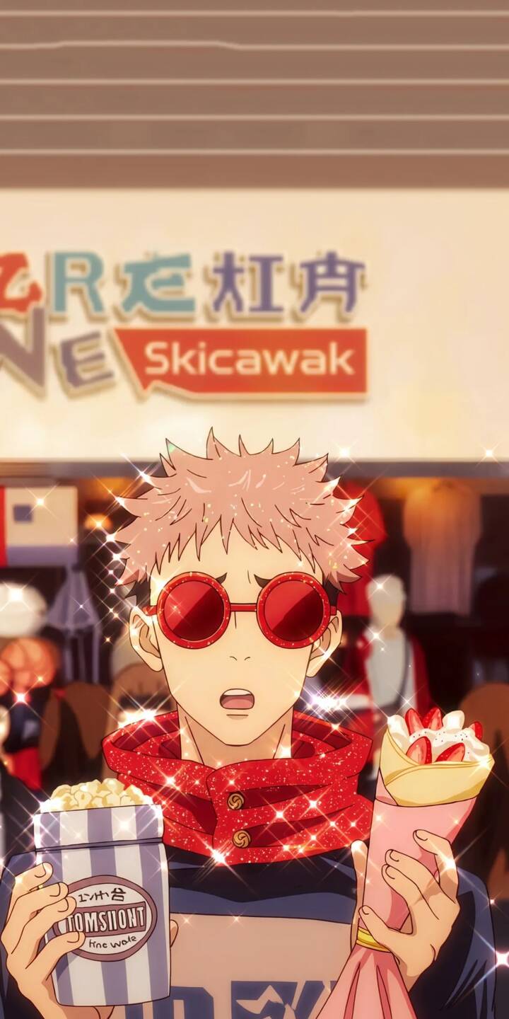 Itadori Yuji's stylish red sparkling sunglasses and hoodie shimmer as he enjoys popcorn and a strawberry crepe in this cheerful anime scene. This vibrant 4K wallpaper offers a delightful aesthetic for any iPhone, making it a must-have. | aesthetic anime iphone yuji wallpaper mobile sparkly 4k wallpaper hd wallpaper itadori yuji jujutsu kaisen red sunglasses pfp Itadori Yuji's stylish red sparkling sunglasses and hoodie shimmer as he enjoys popcorn and a strawberry crepe in this cheerful anime scene. This vibrant 4K wallpaper offers a delightful aesthetic for any iPhone, making it a must-have.