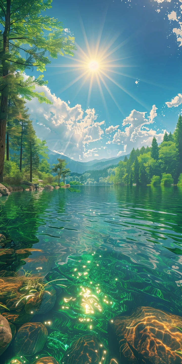 Sunlight brilliantly glints on the clear emerald water of a serene forest lake, revealing glowing underwater plants in this stunning 4K wallpaper for iPhone. This tranquil landscape wallpaper is perfect for bringing nature's calm to your mobile screen. | landscape forest green lake iphone nature wallpaper mobile sunny 4k wallpaper hd wallpaper serene Sunlight brilliantly glints on the clear emerald water of a serene forest lake, revealing glowing underwater plants in this stunning 4K wallpaper for iPhone. This tranquil landscape wallpaper is perfect for bringing nature's calm to your mobile screen.