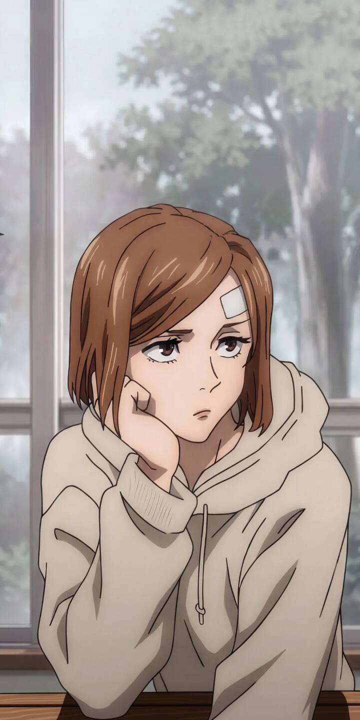 Nobara Kugisaki's thoughtful expression, highlighted by the bandage on her forehead, brings a serene mood to this 4K wallpaper. This image captures her in a cozy beige hoodie, making it an ideal wallpaper for any iPhone device. | aesthetic hoodie anime iphone wallpaper anime girl mobile 4k wallpaper hd wallpaper jujutsu kaisen nobara kugisaki pensive pfp Nobara Kugisaki's thoughtful expression, highlighted by the bandage on her forehead, brings a serene mood to this 4K wallpaper. This image captures her in a cozy beige hoodie, making it an ideal wallpaper for any iPhone device.