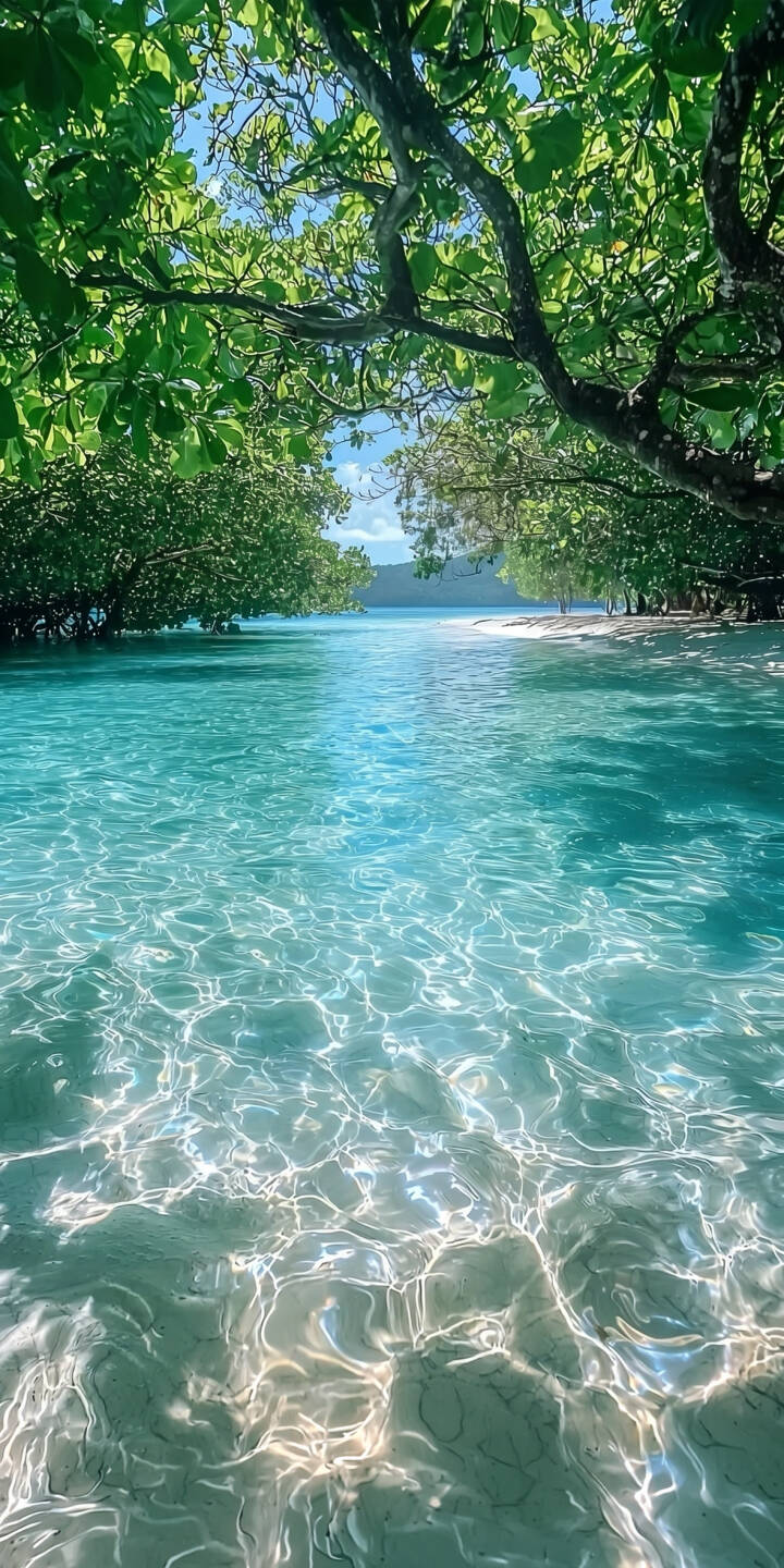 Sunlight dances on the impossibly clear, shimmering turquoise waters of a secluded tropical lagoon, framed by lush green canopy in this stunning 4K wallpaper. This serene landscape makes an ideal wallpaper for your iPhone. | lagoon beach iphone nature wallpaper tropical mobile clear water 4k wallpaper hd wallpaper serene Sunlight dances on the impossibly clear, shimmering turquoise waters of a secluded tropical lagoon, framed by lush green canopy in this stunning 4K wallpaper. This serene landscape makes an ideal wallpaper for your iPhone.