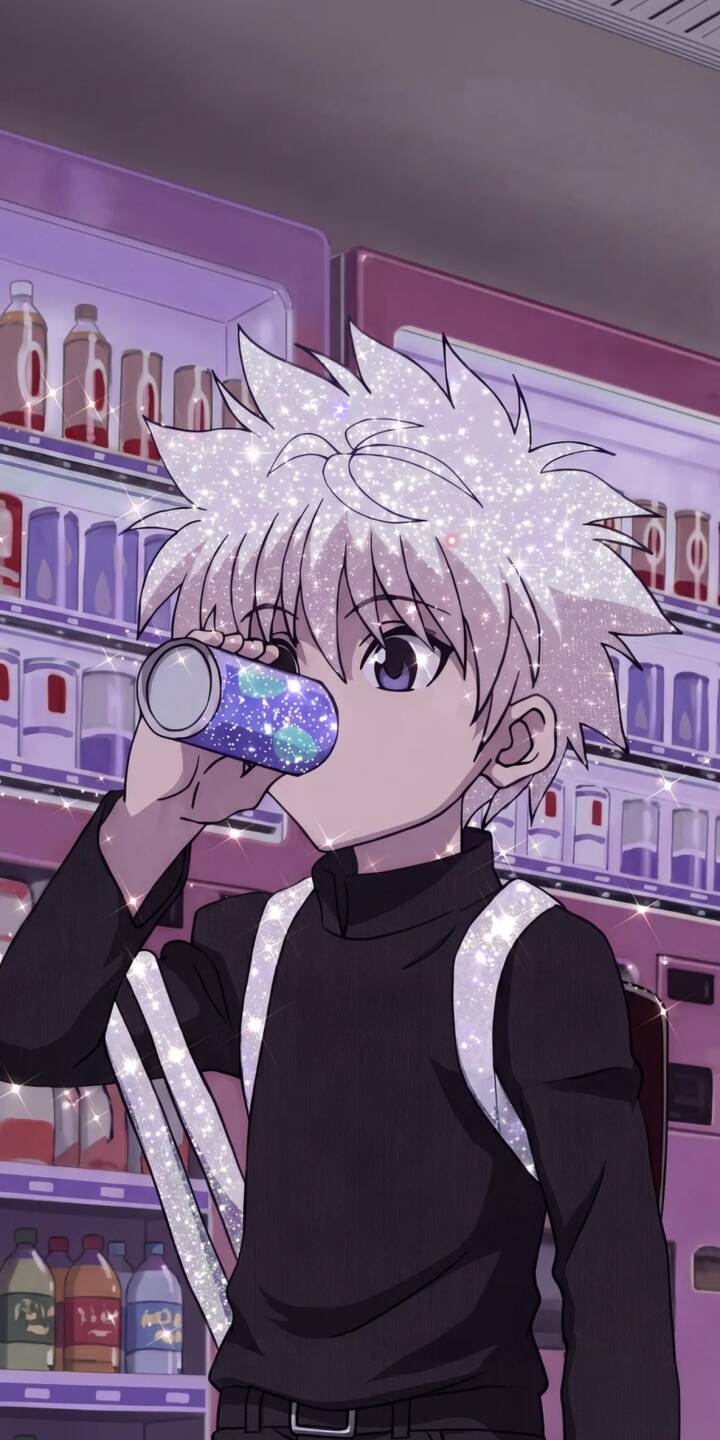Killua's hair sparkles with a unique glitter effect as he sips from a purple can in a vibrant store aisle in this charming 4K wallpaper. This aesthetic anime scene makes for a perfect lock screen wallpaper for iPhone. | aesthetic purple anime iphone wallpaper mobile 4k wallpaper hd wallpaper glitter hunter x hunter killua hxh pfp Killua's hair sparkles with a unique glitter effect as he sips from a purple can in a vibrant store aisle in this charming 4K wallpaper. This aesthetic anime scene makes for a perfect lock screen wallpaper for iPhone.