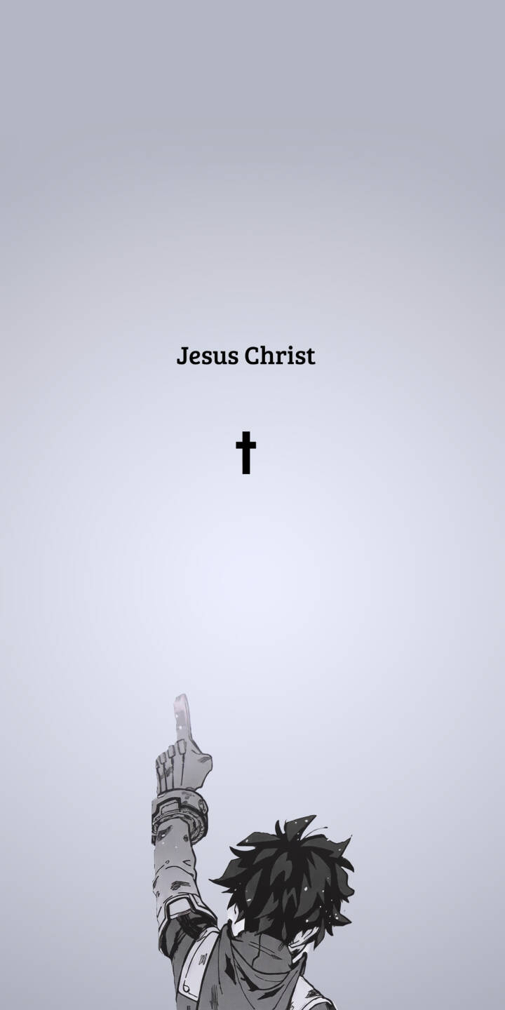 Izuku Midoriya, known as Deku, is depicted pointing devoutly towards the words "Jesus Christ" and a cross in this striking 4K grayscale anime wallpaper, an inspiring wallpaper for your iPhone screen. This minimalistic design blends popular anime culture with spiritual symbolism. | anime iphone wallpaper mobile jesus christ faith deku 4k wallpaper hd wallpaper my hero academia izuku midoriya Izuku Midoriya, known as Deku, is depicted pointing devoutly towards the words "Jesus Christ" and a cross in this striking 4K grayscale anime wallpaper, an inspiring wallpaper for your iPhone screen. This minimalistic design blends popular anime culture with spiritual symbolism.