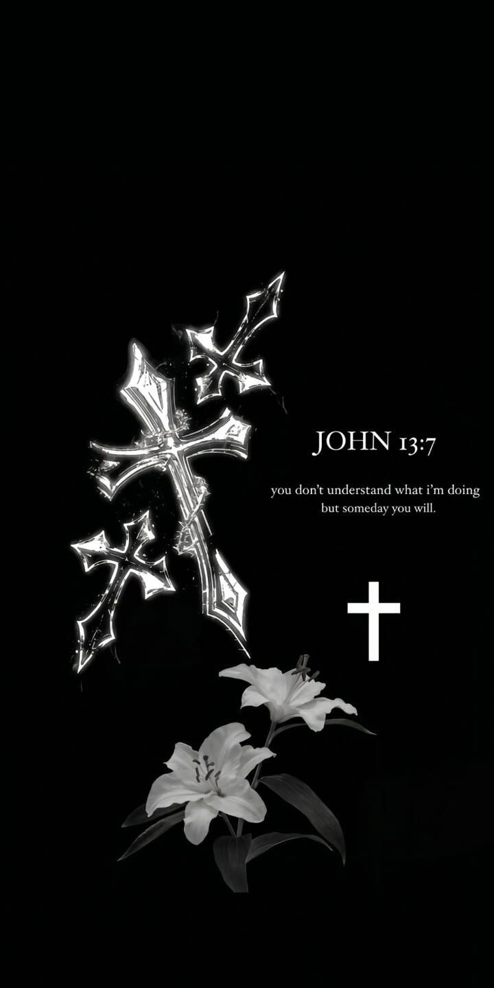 Gleaming stylized silver crosses ascend dramatically on a stark black background, beautifully contrasted by delicate white lilies and a profound John 13:7 verse, making this an inspiring 4K wallpaper. This elegant wallpaper, perfect for iPhone, seamlessly blends spiritual symbolism with minimalist design for a striking mobile display. | dark cross iphone minimalist wallpaper christian spiritual mobile bible verse 4k wallpaper hd wallpaper lilies Gleaming stylized silver crosses ascend dramatically on a stark black background, beautifully contrasted by delicate white lilies and a profound John 13:7 verse, making this an inspiring 4K wallpaper. This elegant wallpaper, perfect for iPhone, seamlessly blends spiritual symbolism with minimalist design for a striking mobile display.