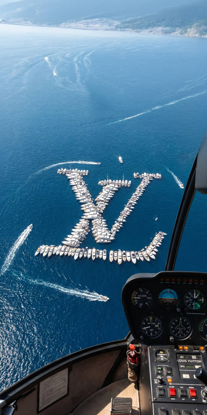 Hundreds of white boats majestically arrange into the iconic Louis Vuitton logo on the azure ocean, seen from the unique perspective of a helicopter cockpit in this stunning 4K wallpaper. This luxury aesthetic makes for an impressive iPhone wallpaper, perfect for discerning tastes. | iphone luxury ocean lv wallpaper louis vuitton mobile aerial view 4k wallpaper hd wallpaper boats yachts Hundreds of white boats majestically arrange into the iconic Louis Vuitton logo on the azure ocean, seen from the unique perspective of a helicopter cockpit in this stunning 4K wallpaper. This luxury aesthetic makes for an impressive iPhone wallpaper, perfect for discerning tastes.