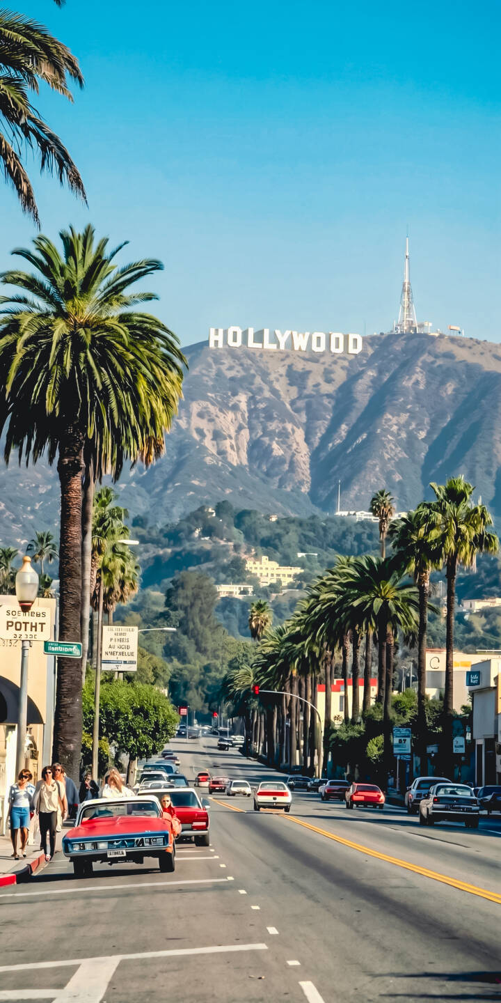 The iconic Hollywood Sign looms proudly over a sun-drenched street lined with majestic palm trees and classic cars in this vibrant 4K wallpaper. This captivating street scene wallpaper perfectly captures the timeless allure of Los Angeles, making it an ideal iPhone background. | los angeles iphone wallpaper mobile hollywood sunny street palm trees 4k wallpaper hd wallpaper vintage car hollywood sign The iconic Hollywood Sign looms proudly over a sun-drenched street lined with majestic palm trees and classic cars in this vibrant 4K wallpaper. This captivating street scene wallpaper perfectly captures the timeless allure of Los Angeles, making it an ideal iPhone background.