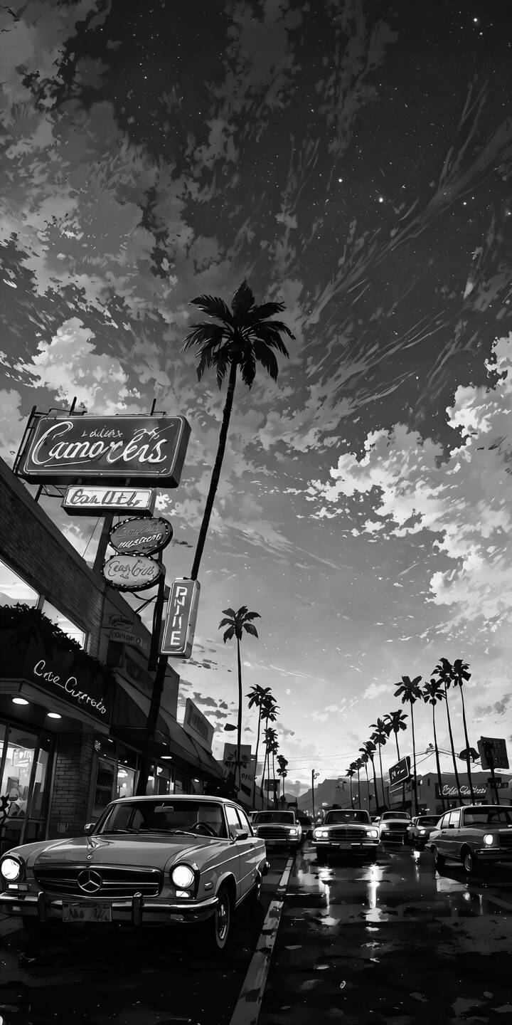 Reflective wet streets under a cloudy sky create a dramatic backdrop for a classic Mercedes-Benz. This moody monochrome 4K wallpaper is an exquisite iPhone wallpaper choice, featuring vintage neon signs and towering palm trees. | city street rainy iphone mercedes wallpaper mobile palm trees 4k wallpaper hd wallpaper monochrome classic car retro aesthetic Reflective wet streets under a cloudy sky create a dramatic backdrop for a classic Mercedes-Benz. This moody monochrome 4K wallpaper is an exquisite iPhone wallpaper choice, featuring vintage neon signs and towering palm trees.