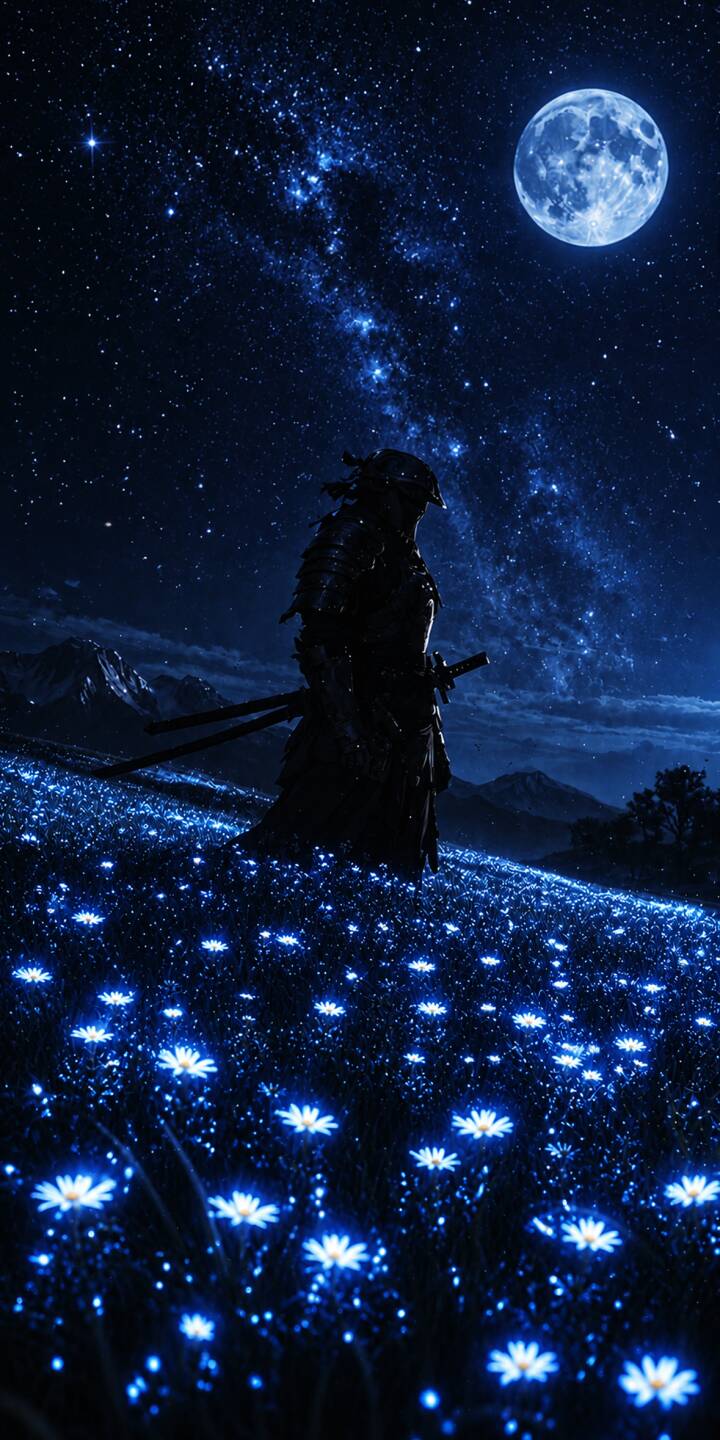 Luminous blue flowers carpet a tranquil hillside under a majestic full moon in this captivating 4K wallpaper, featuring a stoic samurai warrior as a perfect wallpaper for your iPhone. | samurai warrior night moon iphone fantasy stars wallpaper mobile 4k wallpaper hd wallpaper blue flowers Luminous blue flowers carpet a tranquil hillside under a majestic full moon in this captivating 4K wallpaper, featuring a stoic samurai warrior as a perfect wallpaper for your iPhone.